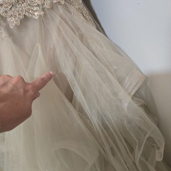 12 Sherri Hill 52504 Strapless Tulle Pickup Ruffle Gown Metallic Lace & Rosettes - Picture 4 of 13